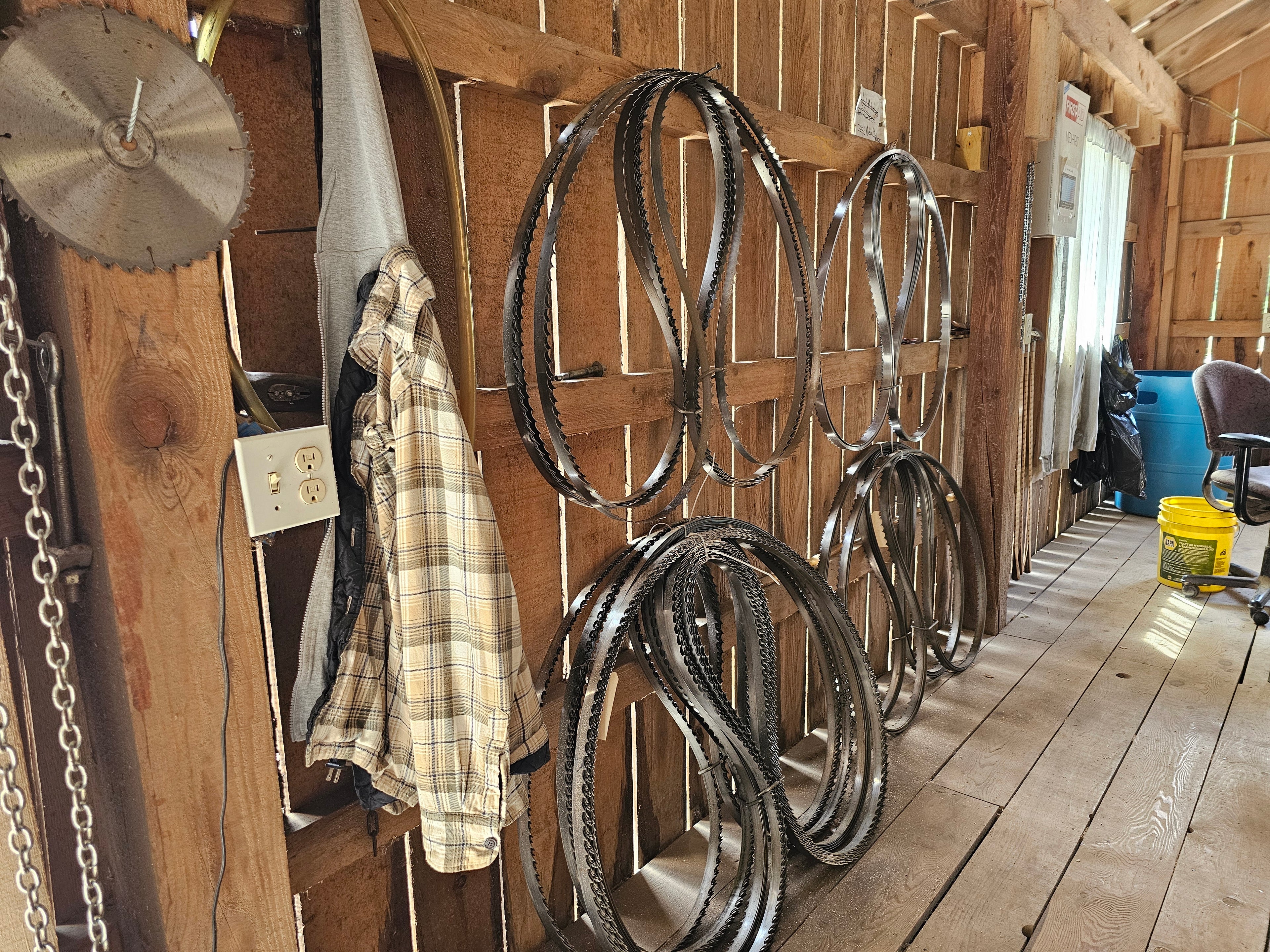 Bandsaw blades hanging up on wall